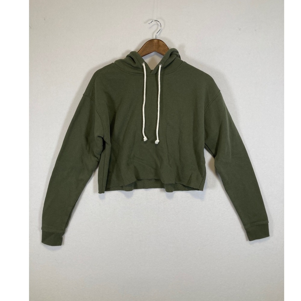 Wild Fable Cropped Hoodie Womens Medium Olive Green Raw Hem Fleece Pullover
